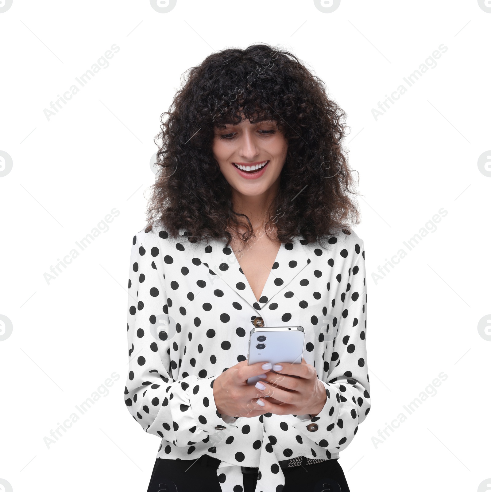 Photo of Woman sending message via smartphone isolated on white