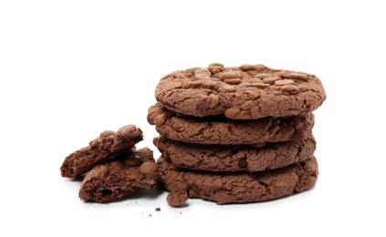 Delicious chocolate chip cookies on white background