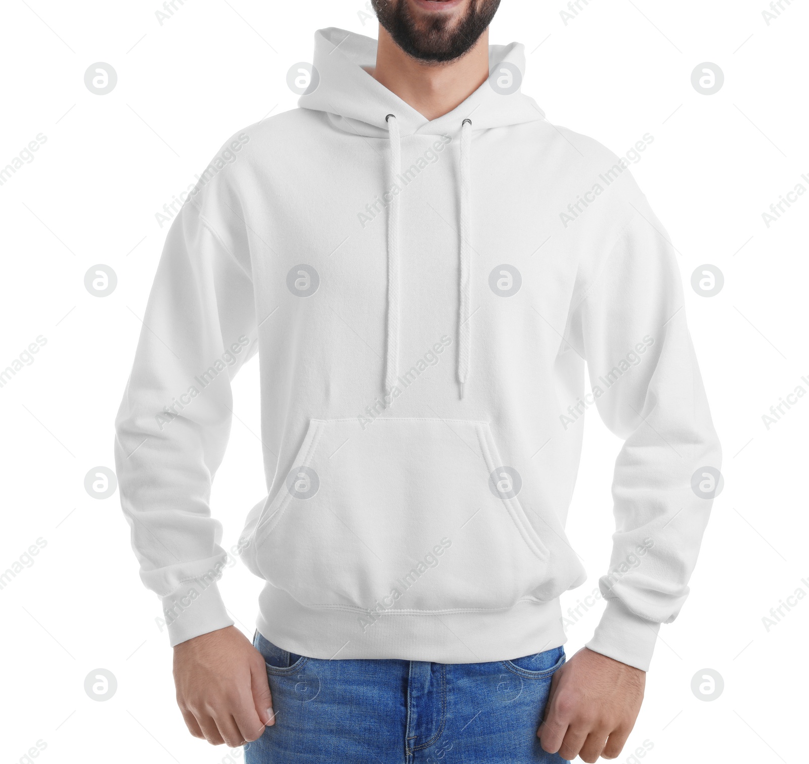 Photo of Young man in sweater isolated on white, closeup. Mock up for design