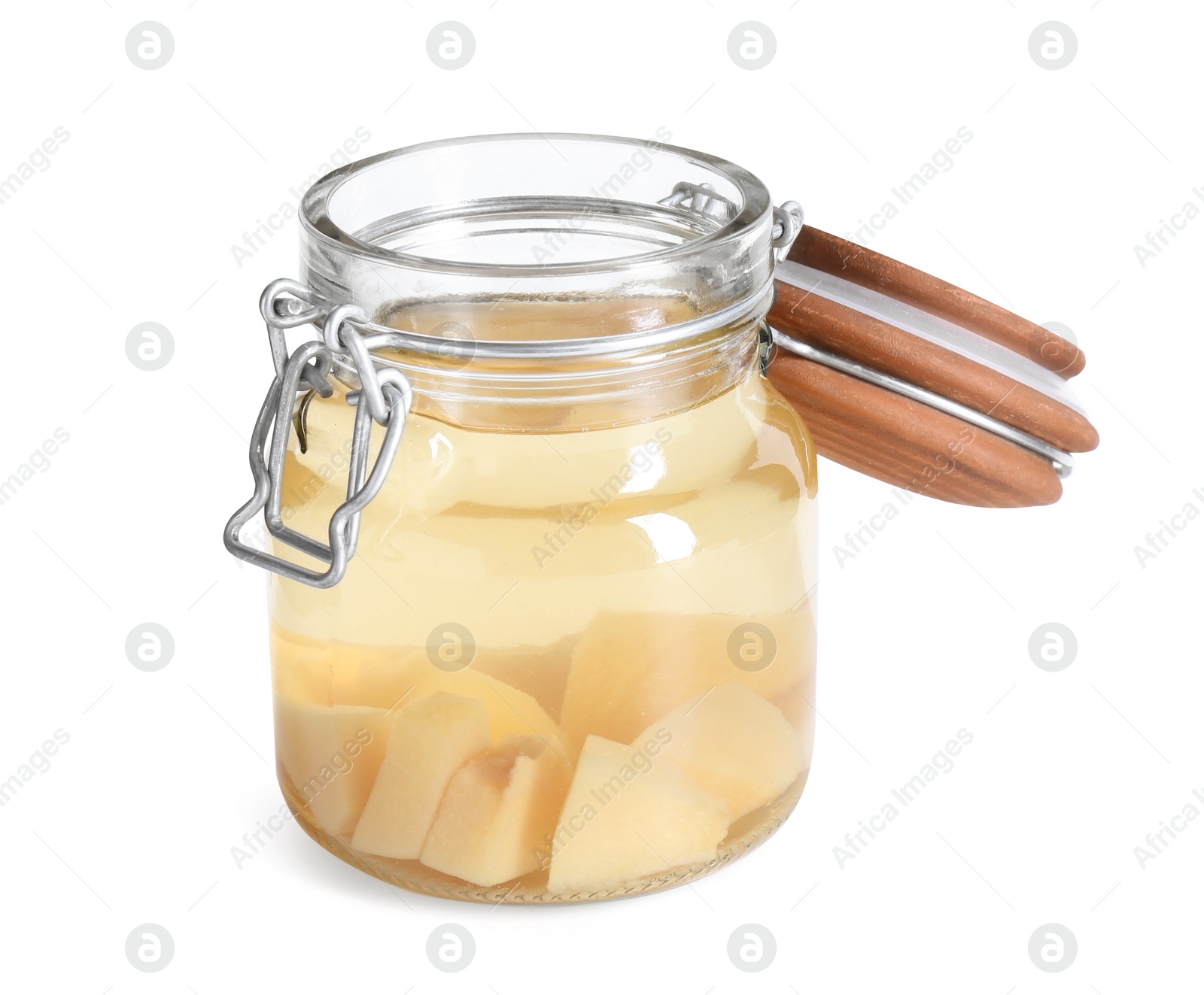 Photo of Delicious quince drink in glass jar isolated on white