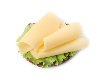 Tasty sandwich with slices of fresh cheese and lettuce isolated on white, top view