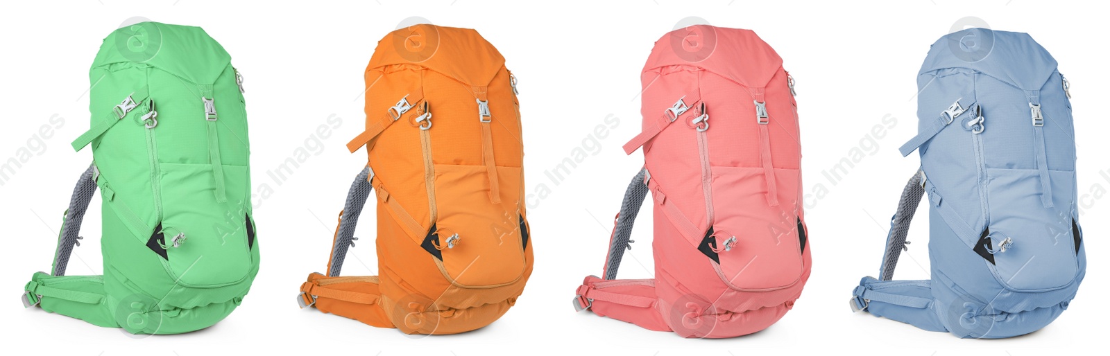 Image of Different hiking backpacks on white background, collage. Banner design