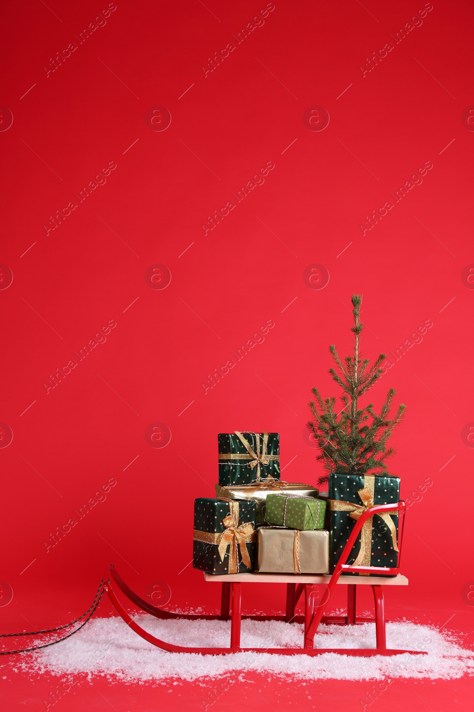 Photo of Sleigh with gift boxes and small fir on red background. Space for text