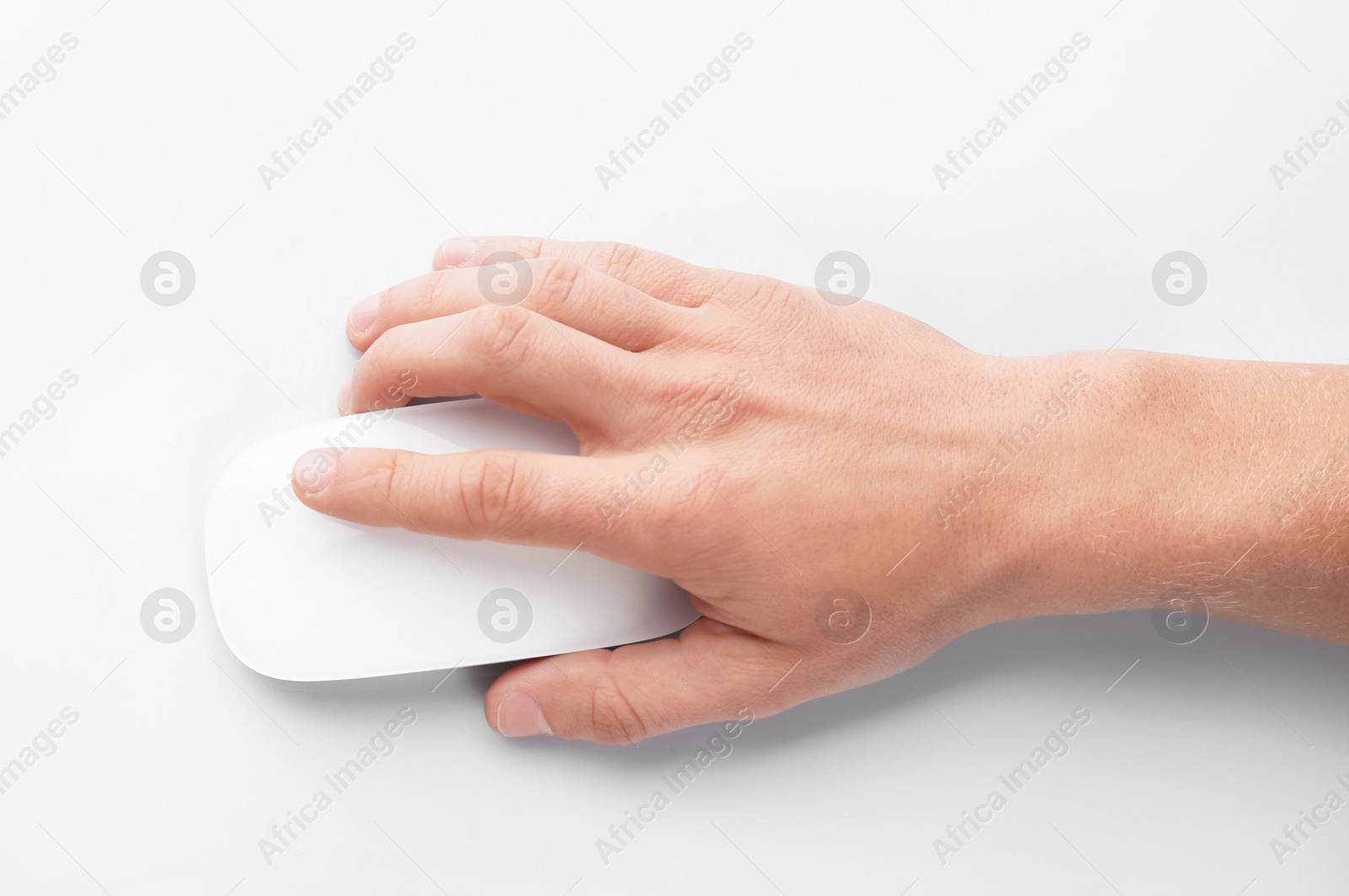 Photo of Man using computer mouse on white background, top view