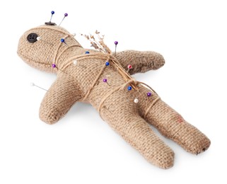 Voodoo doll with pins and dried flowers isolated on white