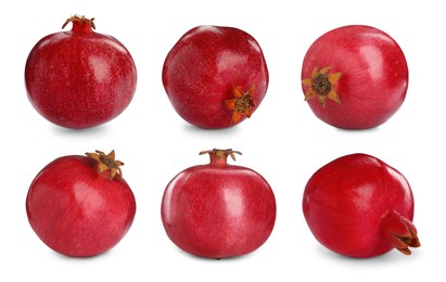 Image of Set with tasty ripe pomegranates on white background 