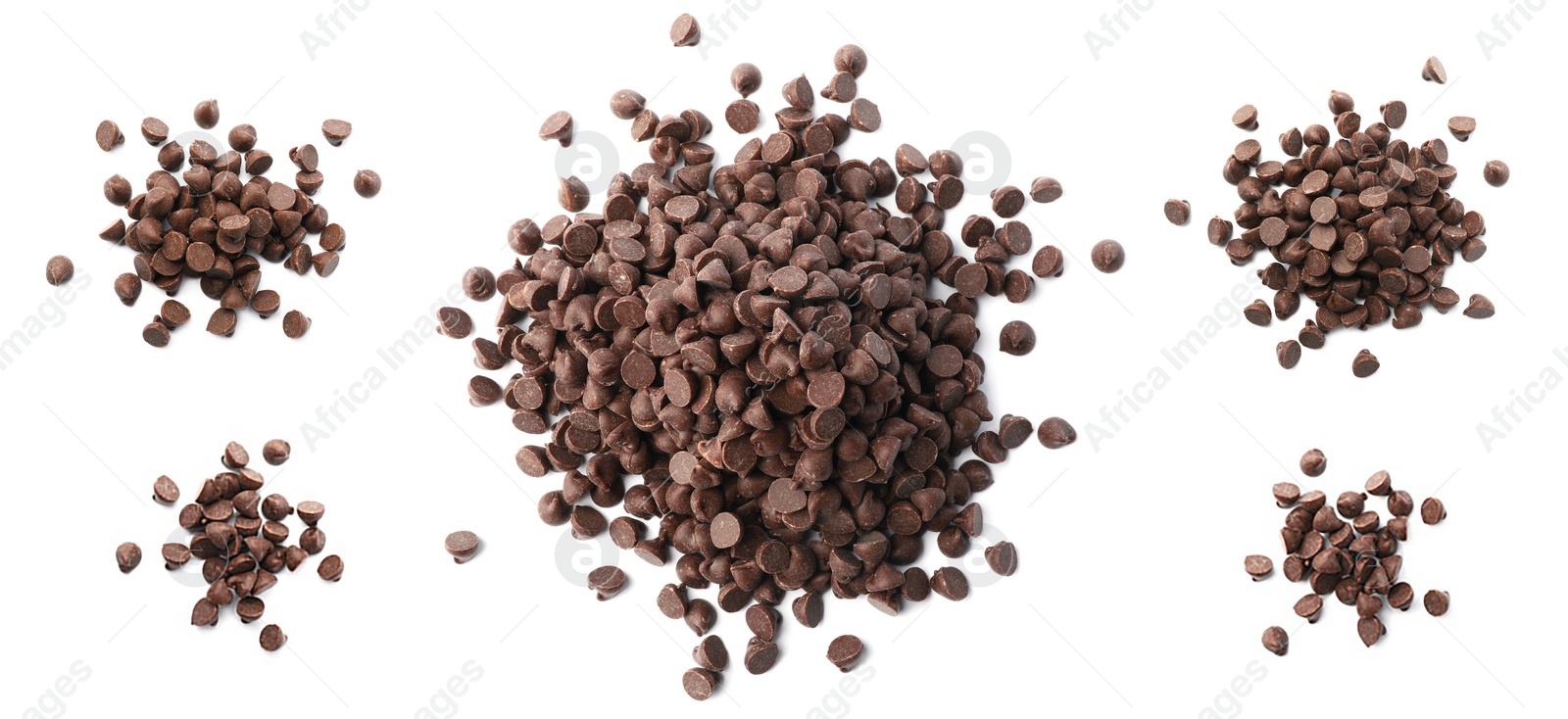 Image of Set of tasty chocolate chips isolated on white, top view