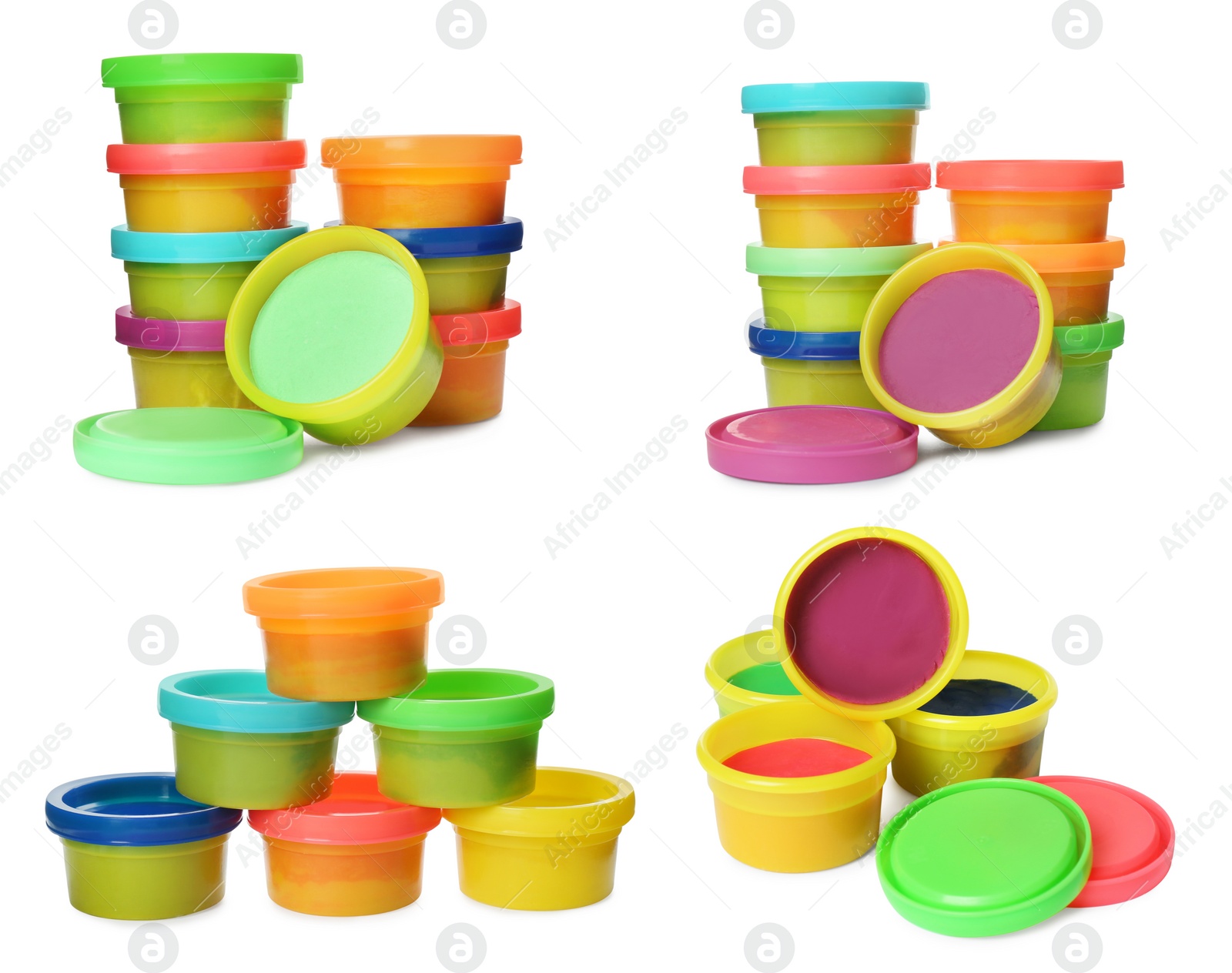 Image of Set with different colorful play dough on white background