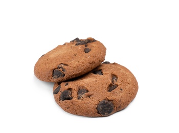 Photo of Delicious chocolate chip cookies on white background