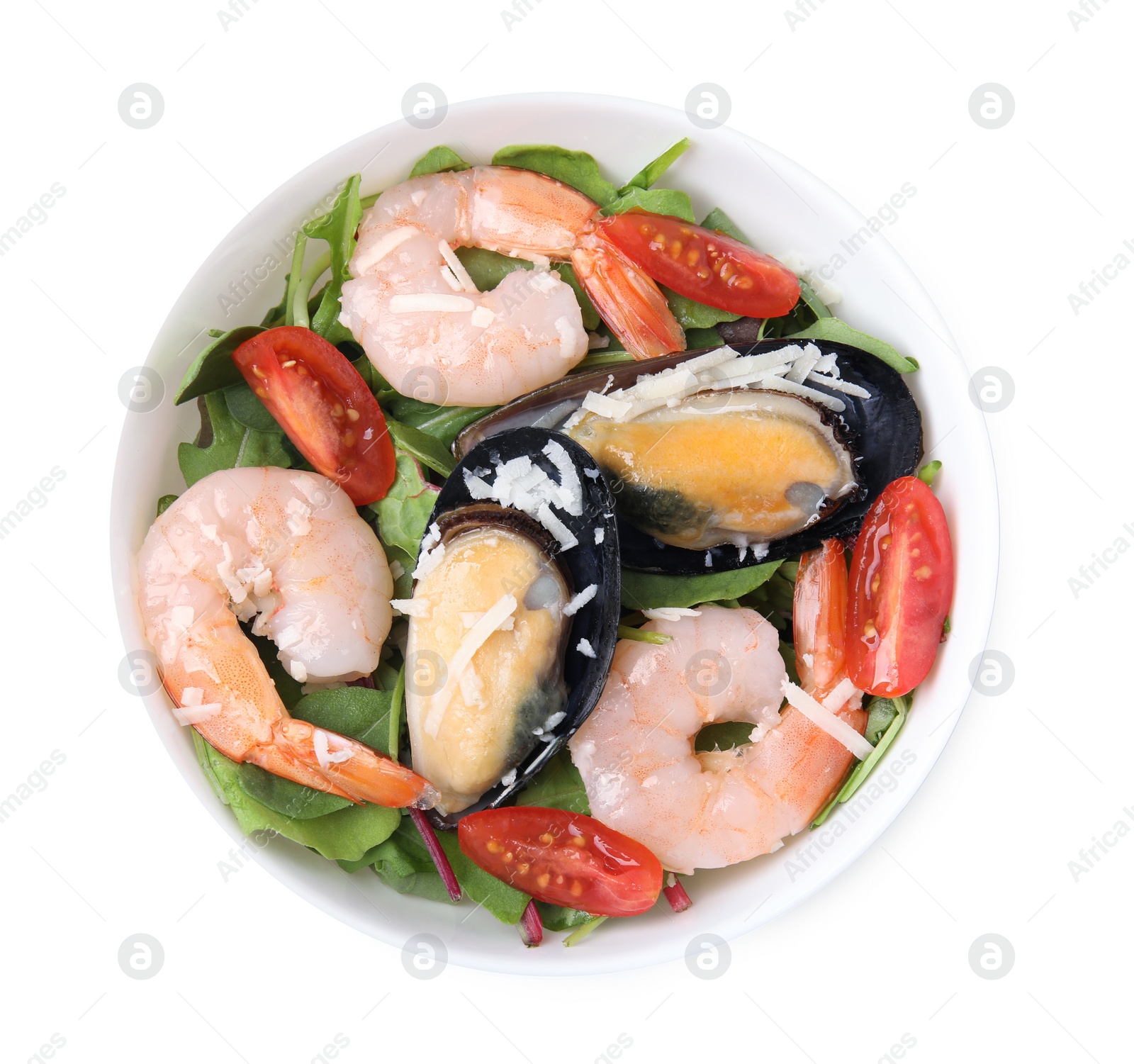 Photo of Bowl of delicious salad with seafood isolated on white, top view