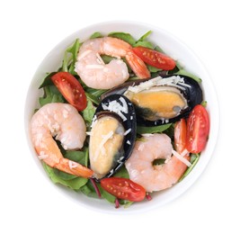 Bowl of delicious salad with seafood isolated on white, top view