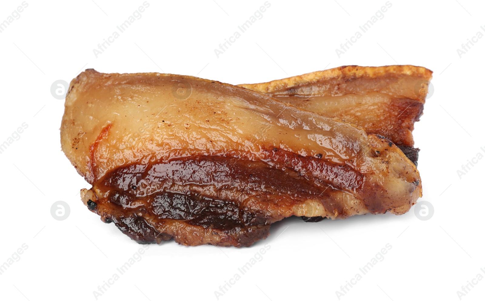 Photo of Tasty fried cracklings on white background. Cooked pork lard