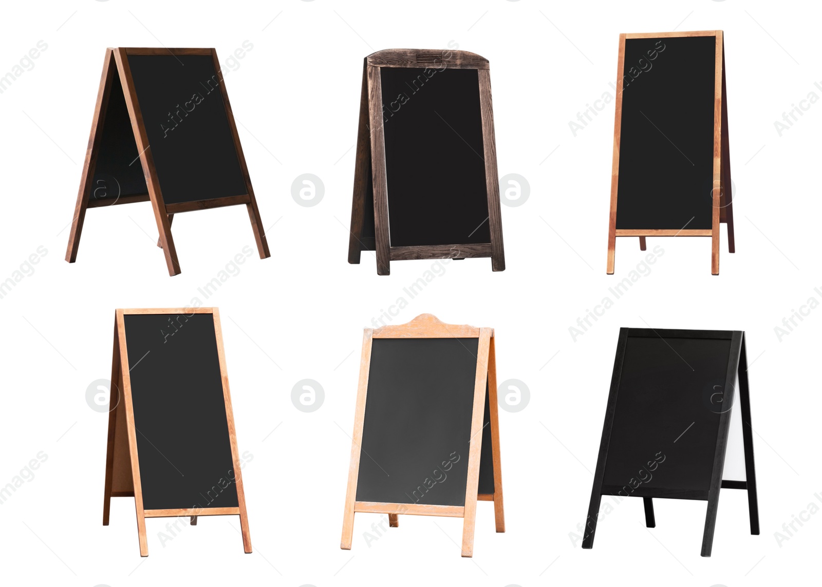 Image of Set with blank advertising A-boards on white background. Mockup for design