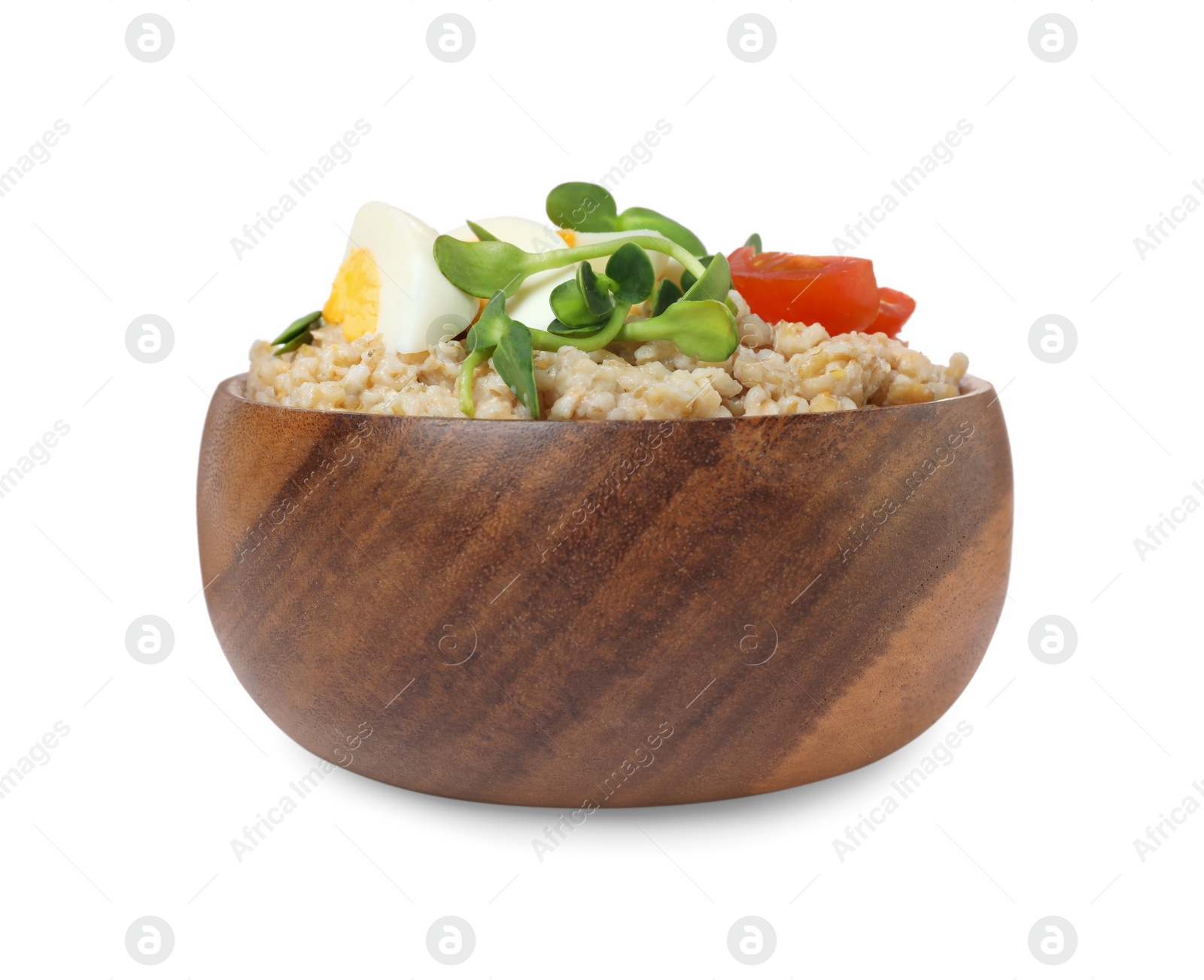 Photo of Tasty boiled oatmeal with egg, tomatoes and microgreens isolated on white