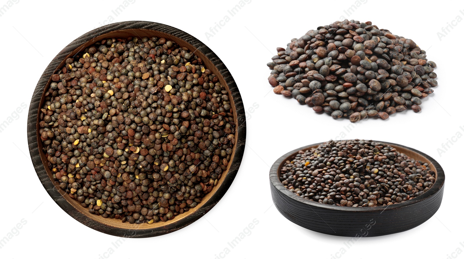 Image of Raw French lentil seeds on white background