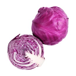 Whole and cut red cabbages on white background, top view