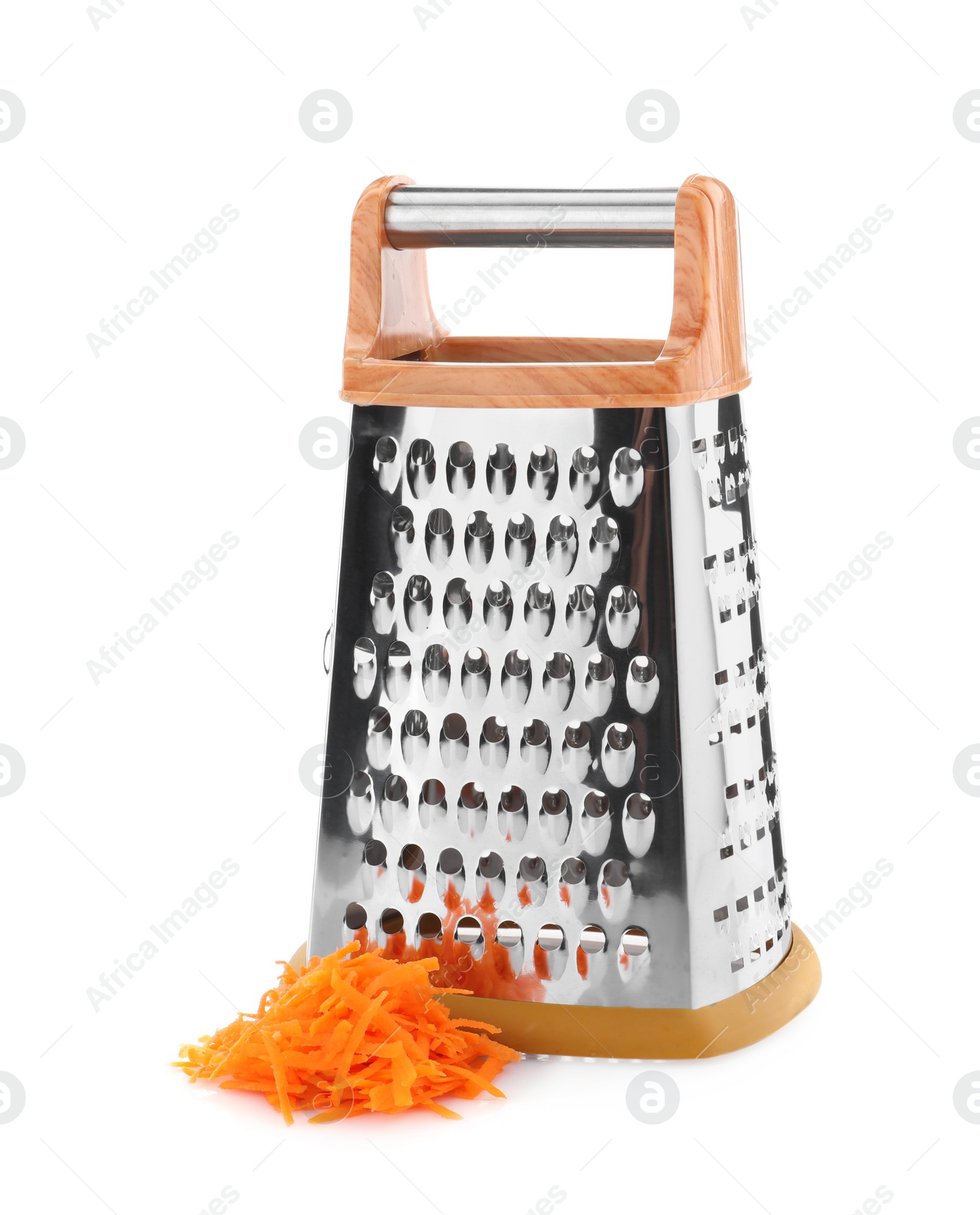 Photo of Stainless steel grater and fresh carrot on white background