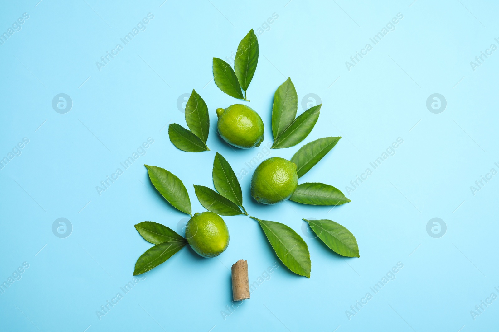 Photo of Flat lay composition with fresh green citrus leaves and limes on light blue background