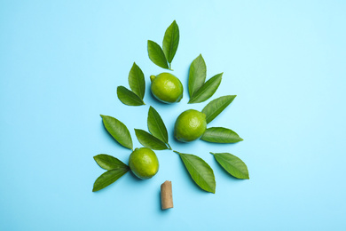 Flat lay composition with fresh green citrus leaves and limes on light blue background