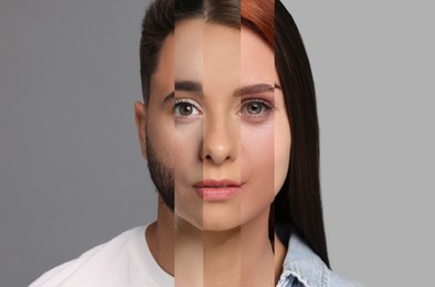 Image of Combined human portrait on grey background. Collage with parts of different people's faces