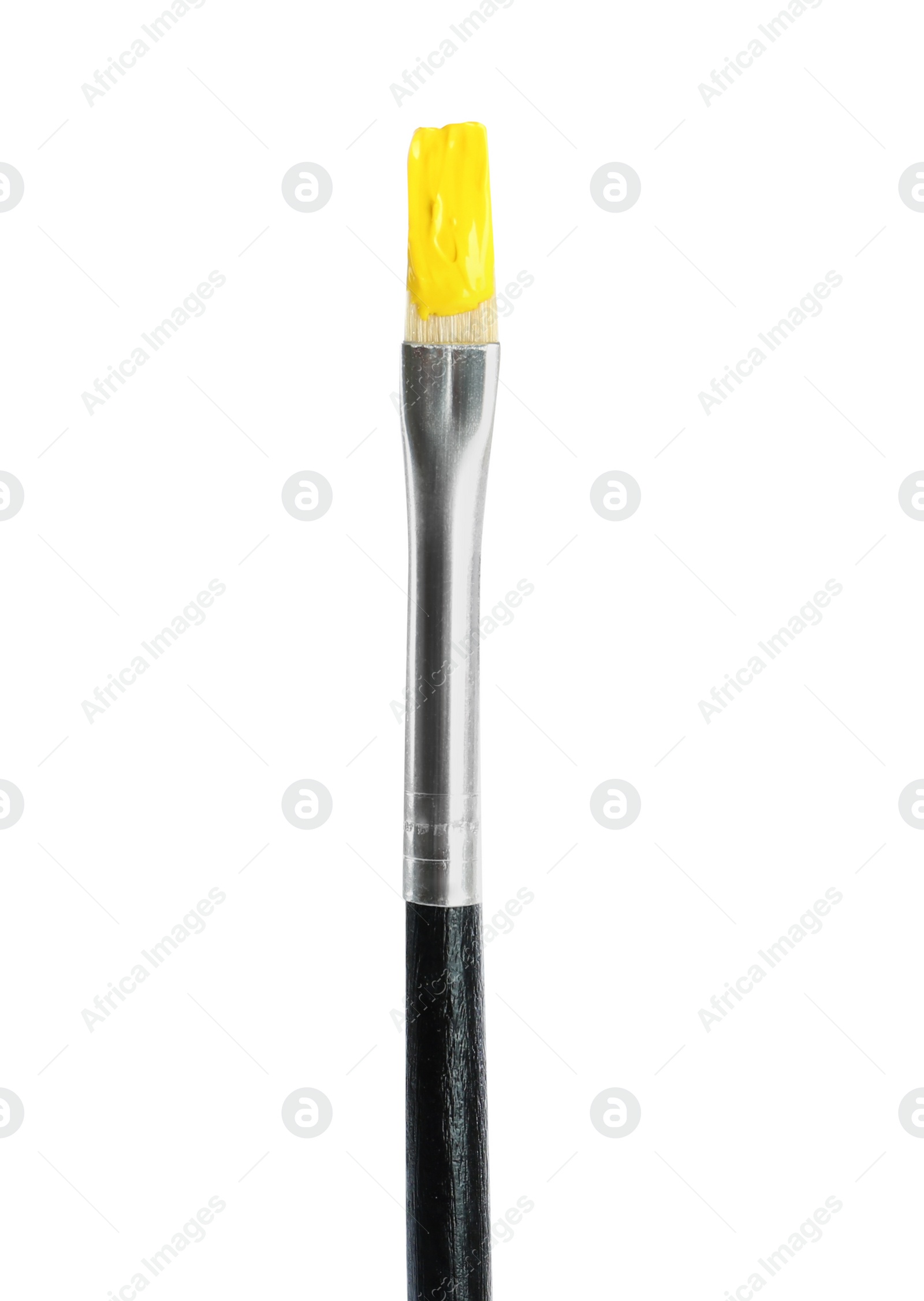 Photo of Brush with yellow paint isolated on white