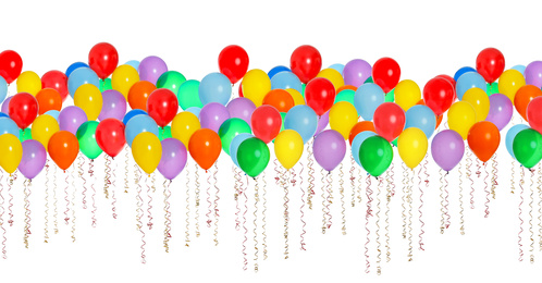 Image of Many color balloons on white background. Festive decor