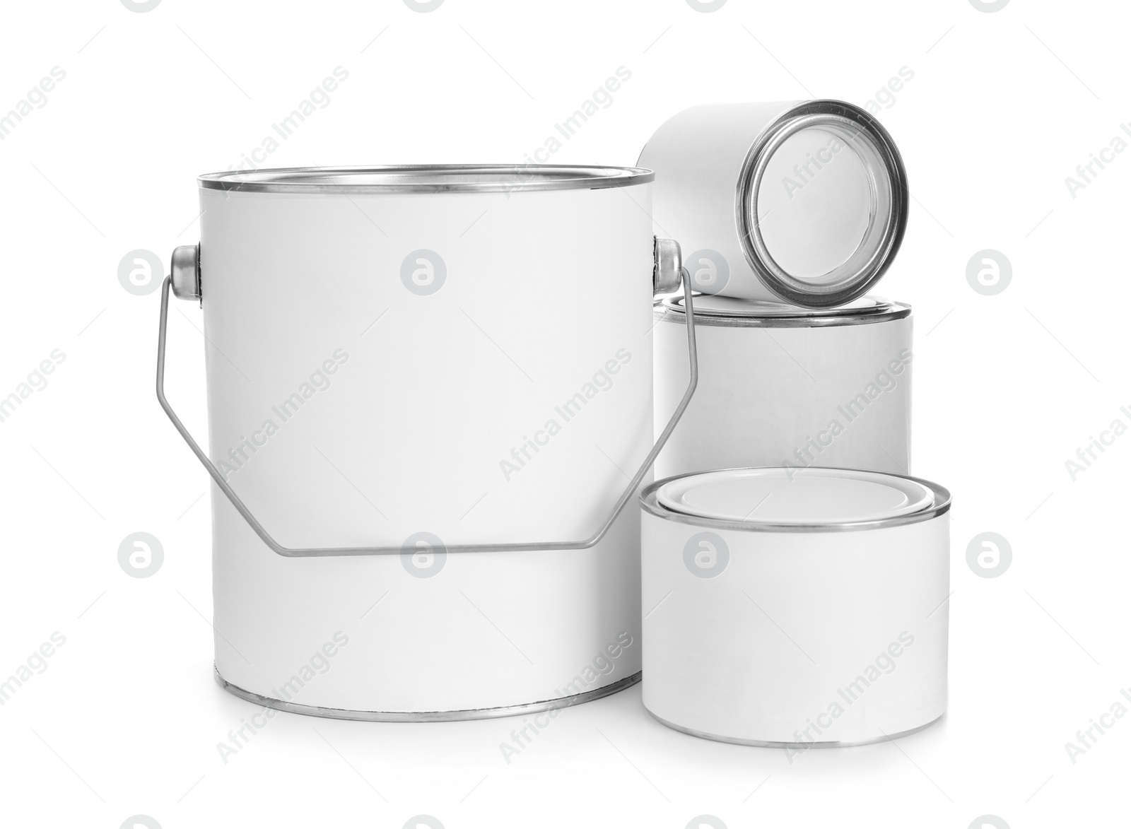 Photo of Set of blank paint cans isolated on white