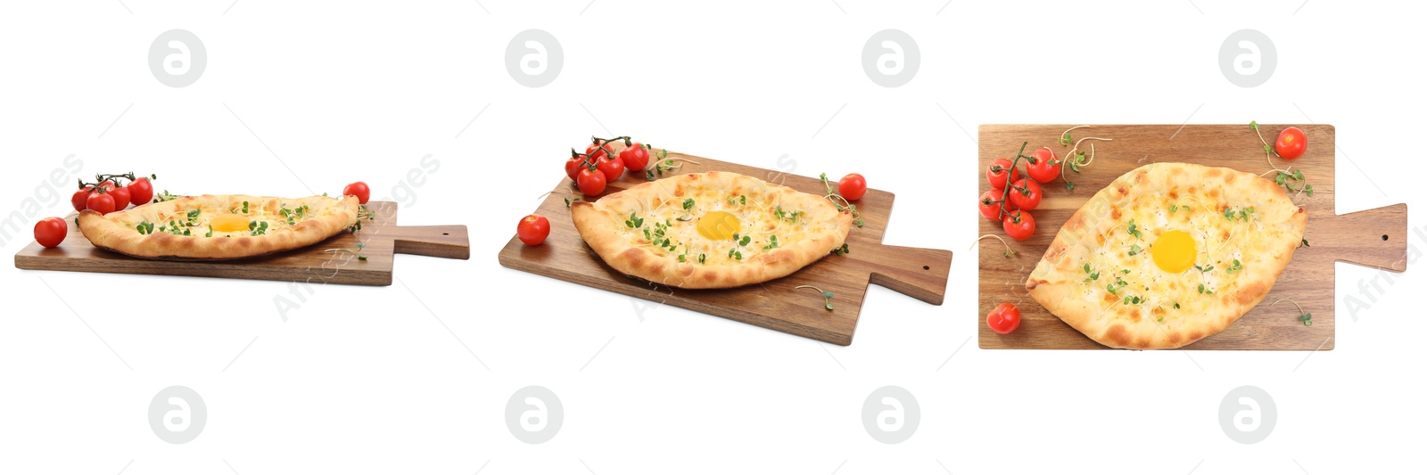 Image of Collage of tasty Adjarian khachapuri with tomatoes and microgreens on white background, different sides