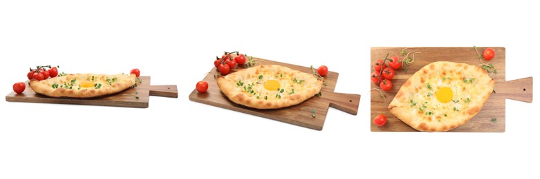 Image of Collage of tasty Adjarian khachapuri with tomatoes and microgreens on white background, different sides