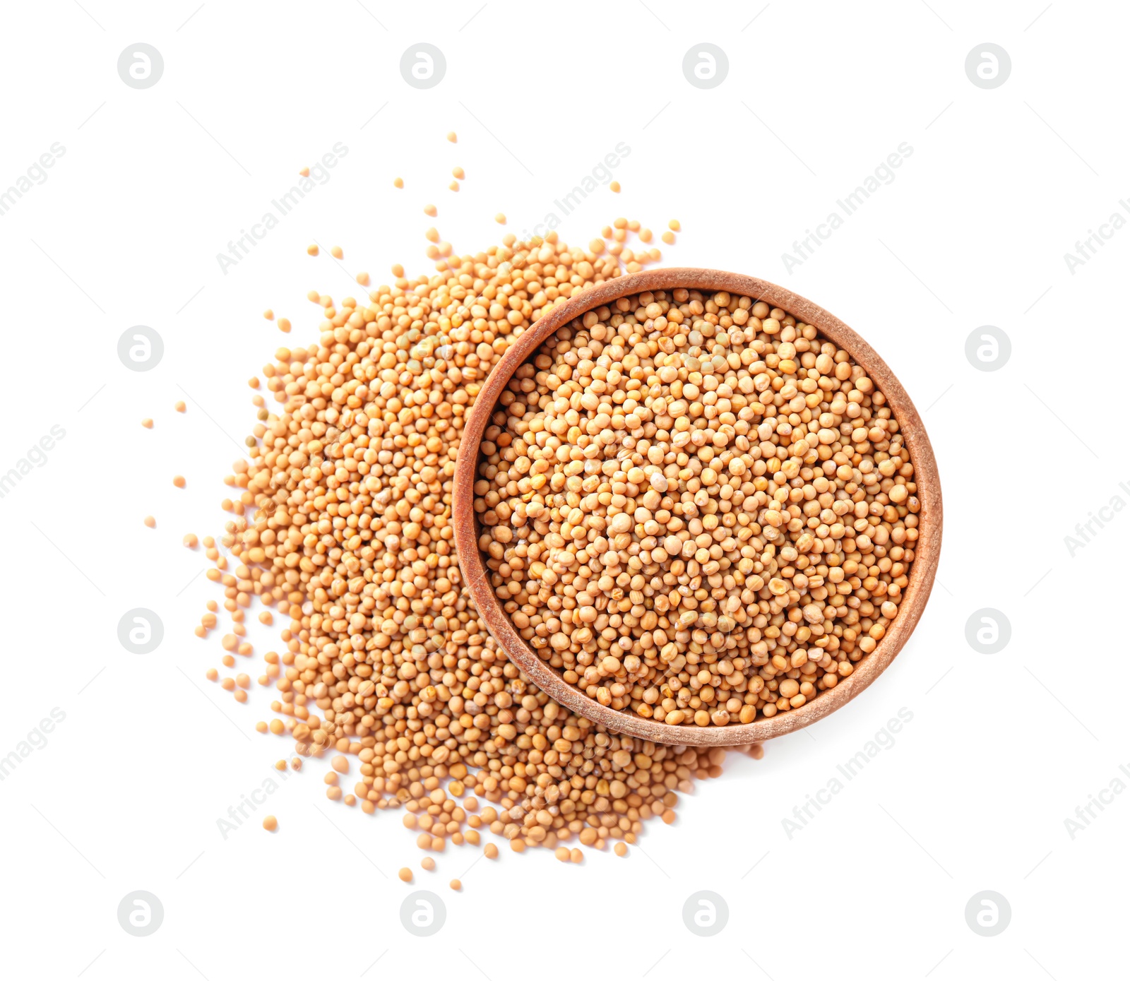 Photo of Mustard seeds with wooden bowl isolated on white, top view