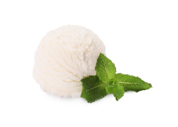 Photo of Scoop of tasty ice cream and mint leaves isolated on white