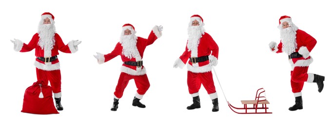 Santa Claus on white background, set of photos. Christmas celebration