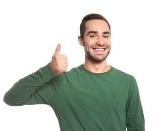 Photo of Man showing THUMB UP gesture in sign language on white background