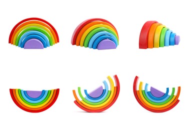 Image of Bright colorful rainbow isolated on white, different angles. Collage design with children's toy