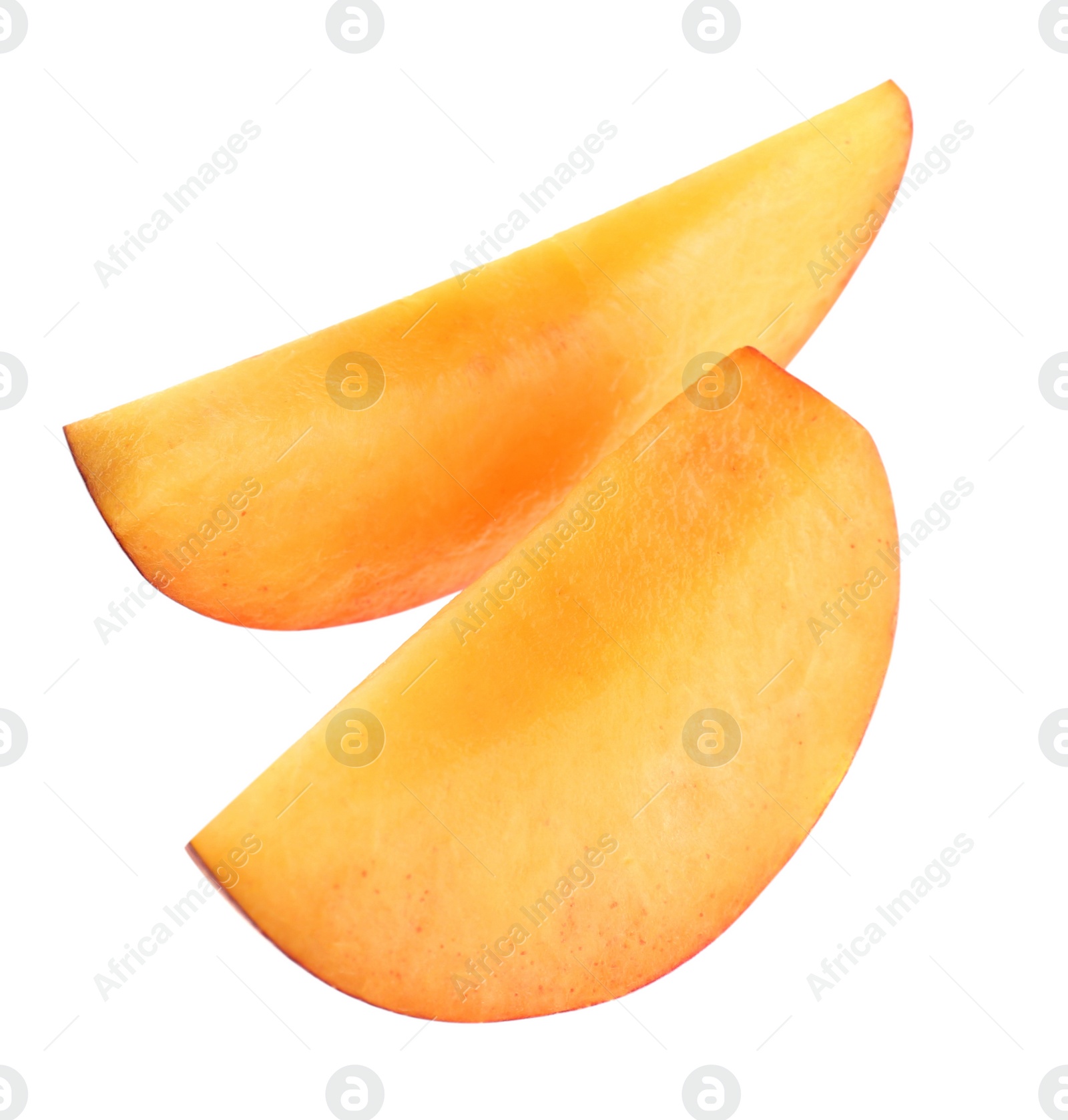 Photo of Slices of ripe peach isolated on white