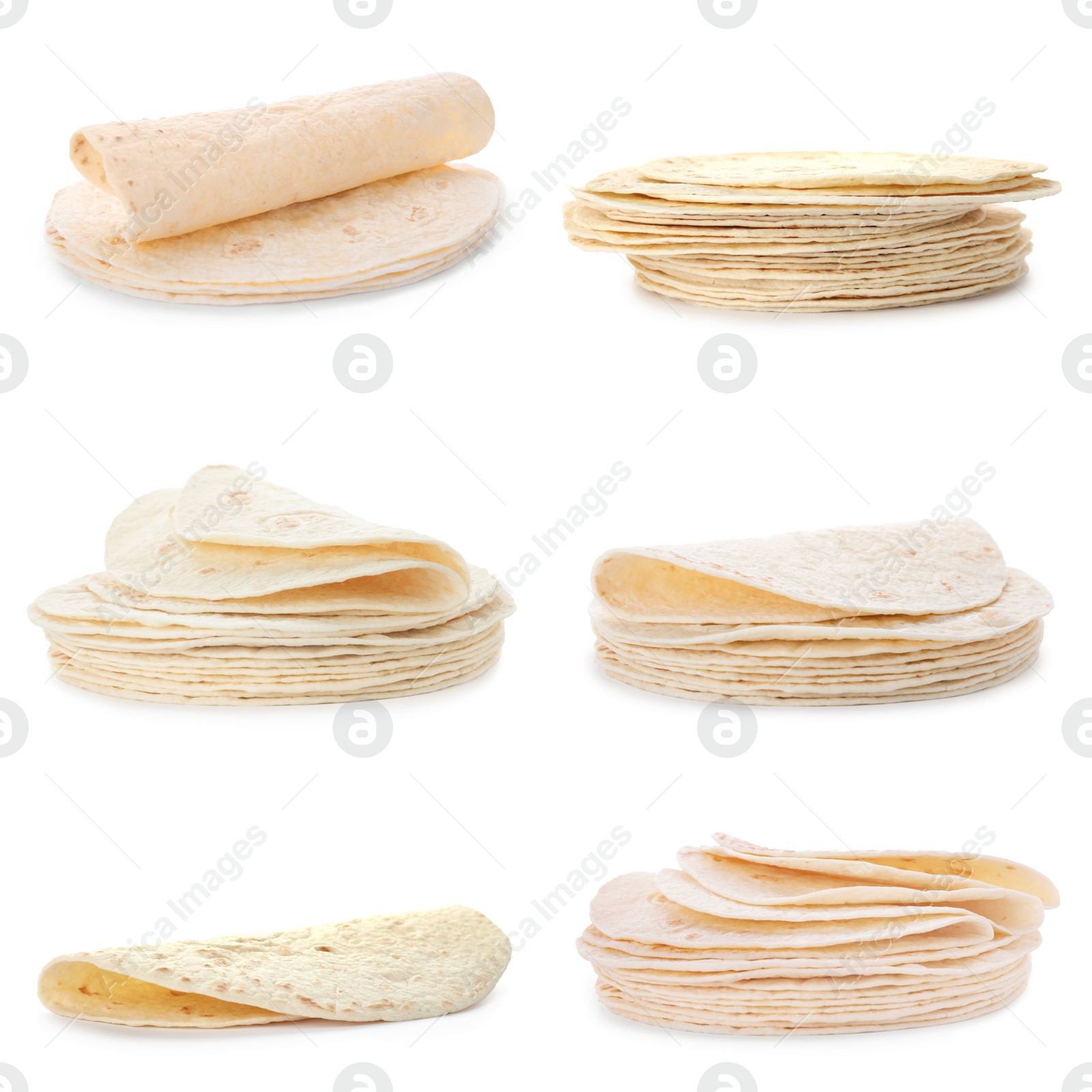 Image of Set of corn tortillas on white background