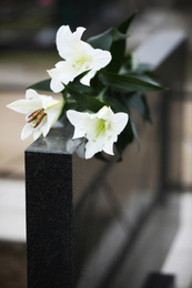 White lilies on black granite tombstone outdoors. Funeral ceremony