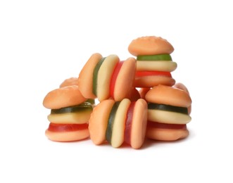 Photo of Pile with jelly candies in shape of burger on white background