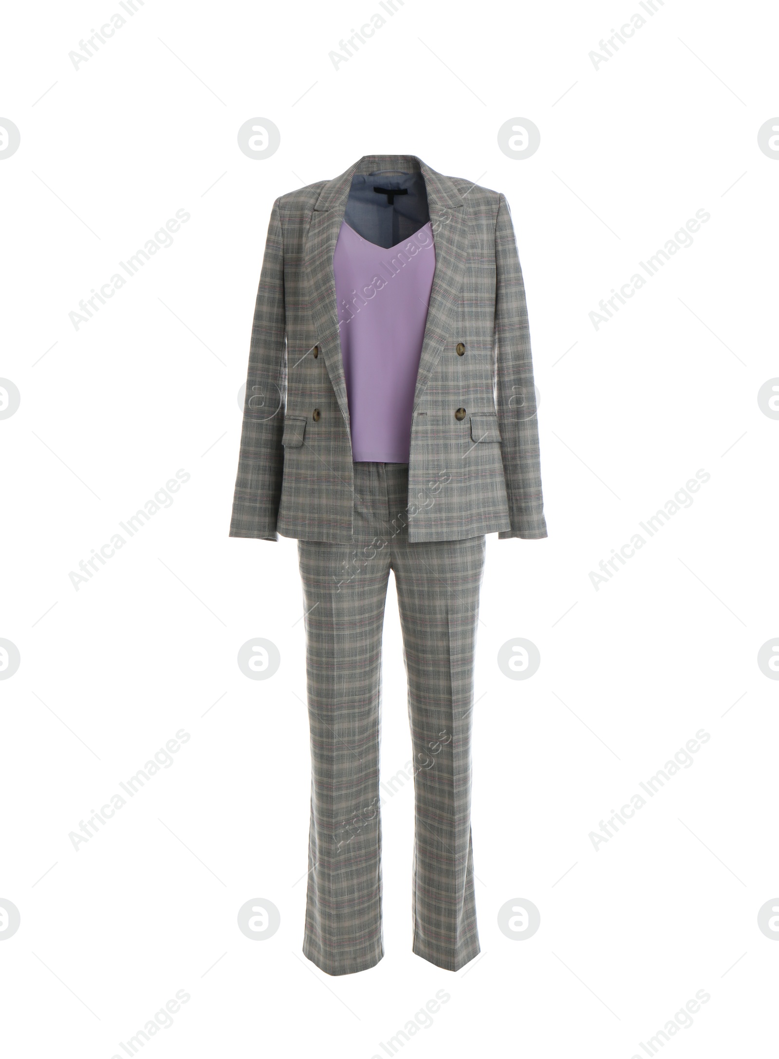 Photo of Elegant grey suit and tank top on mannequin against white background. Women's clothes