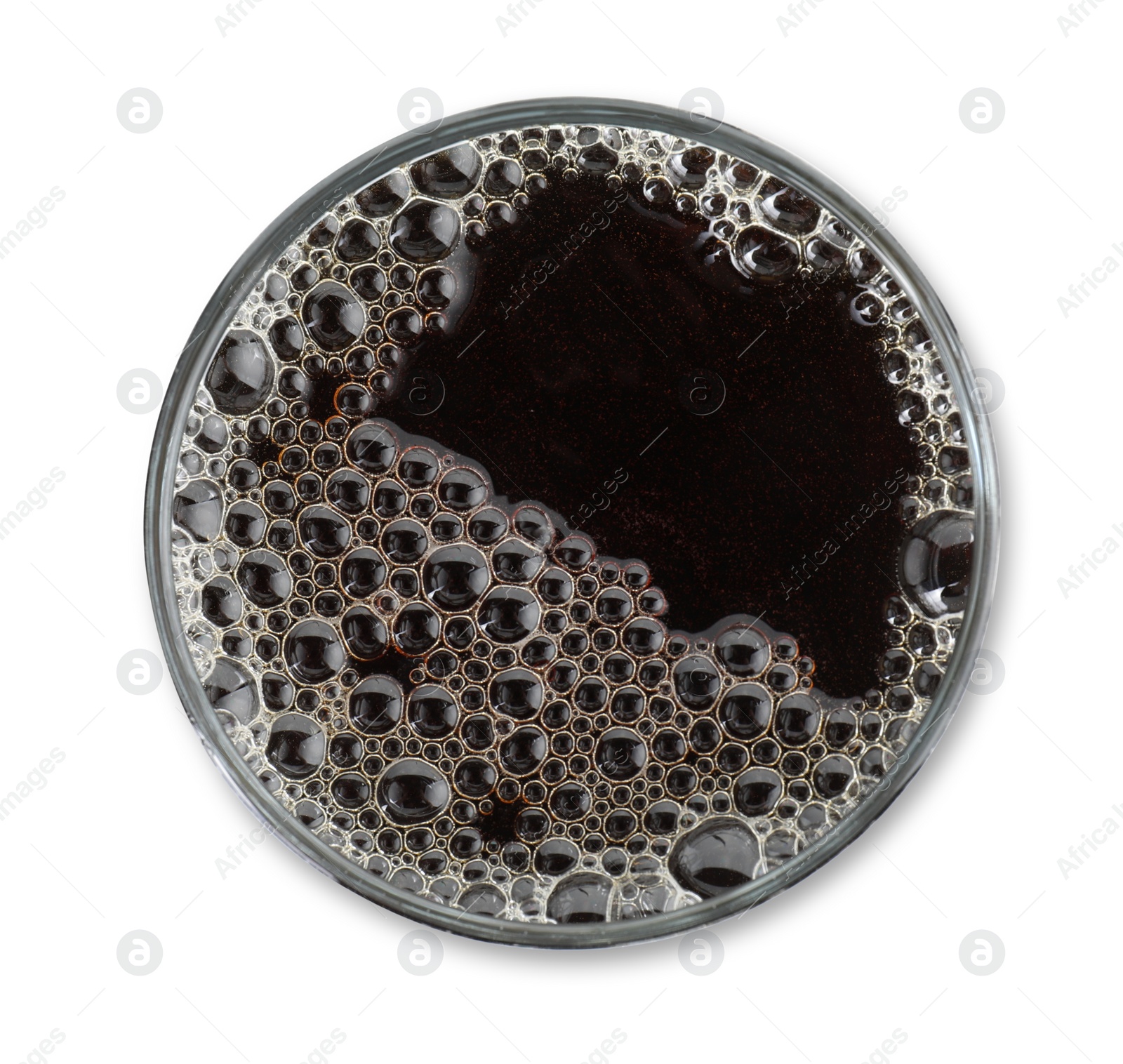 Photo of Full glass of beer isolated on white, top view