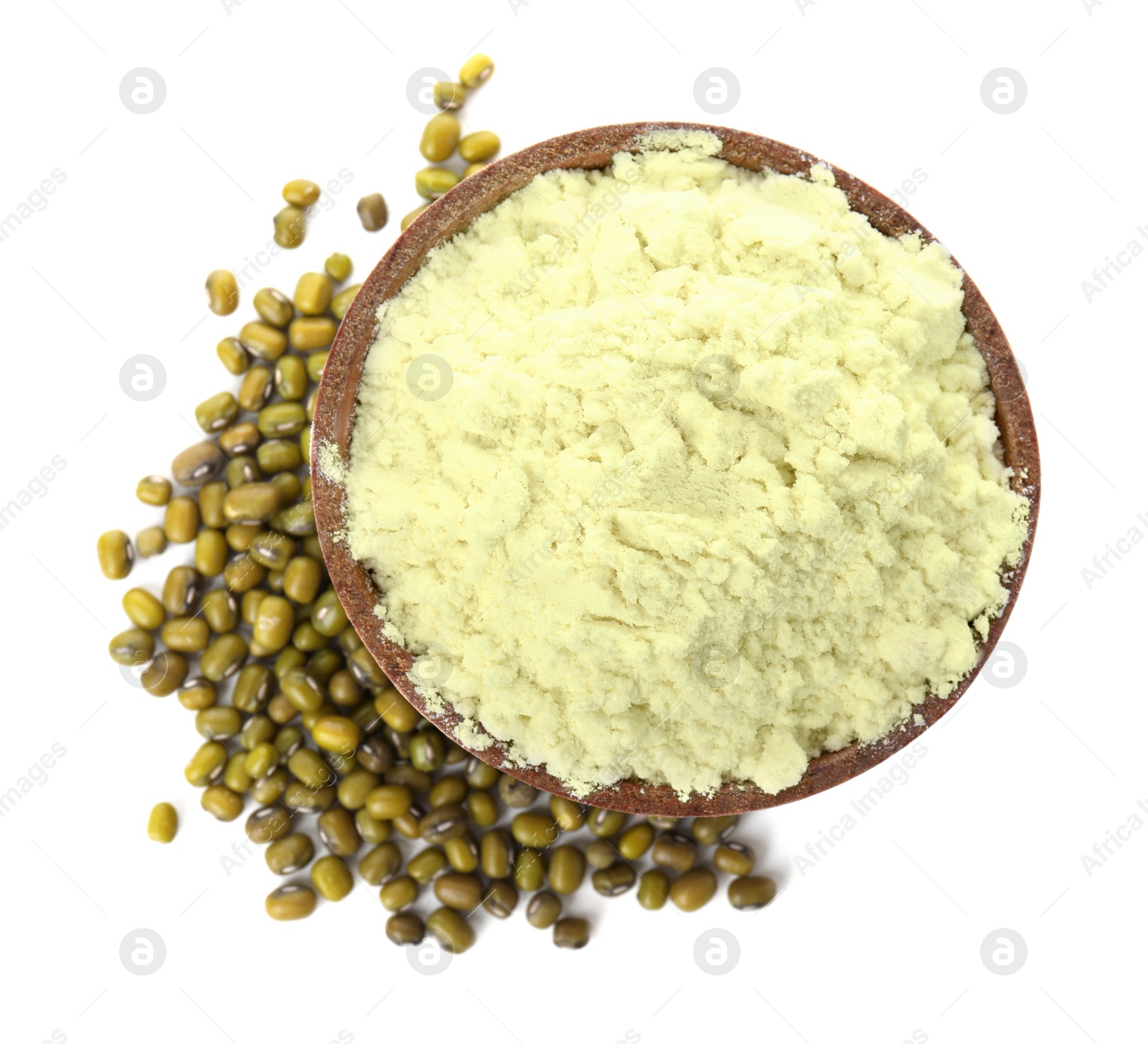 Photo of Mung bean flour in wooden bowl and seeds isolated on white, top view