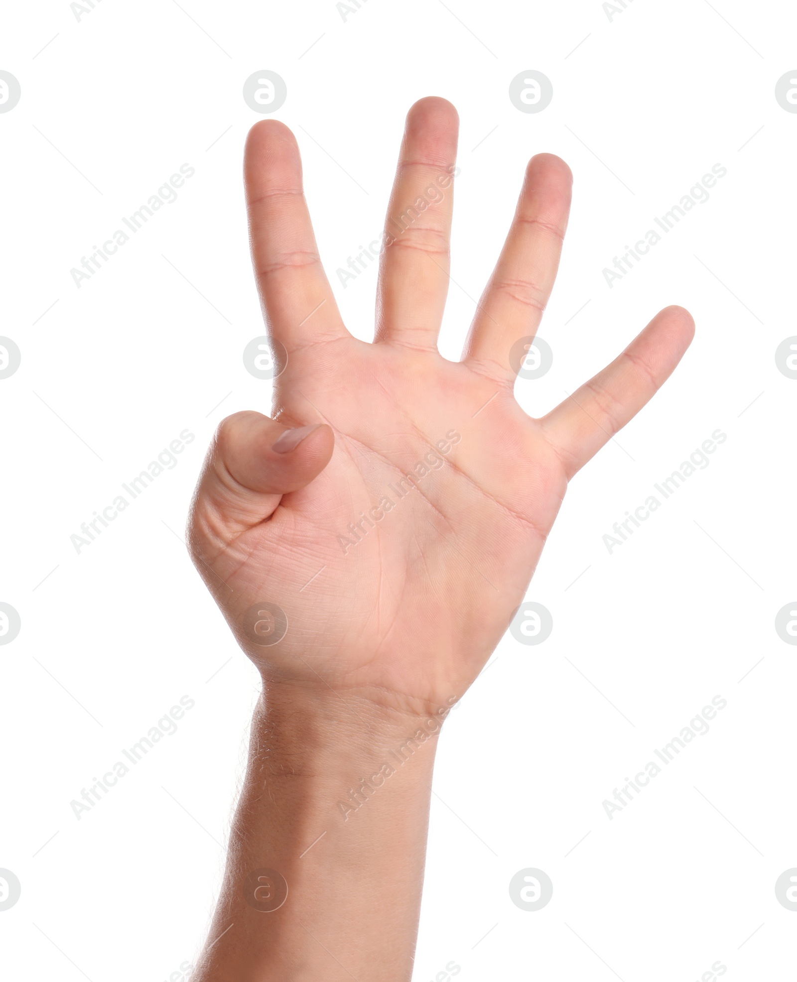Photo of Man showing four fingers on white background, closeup of hand