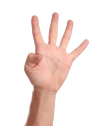 Man showing four fingers on white background, closeup of hand