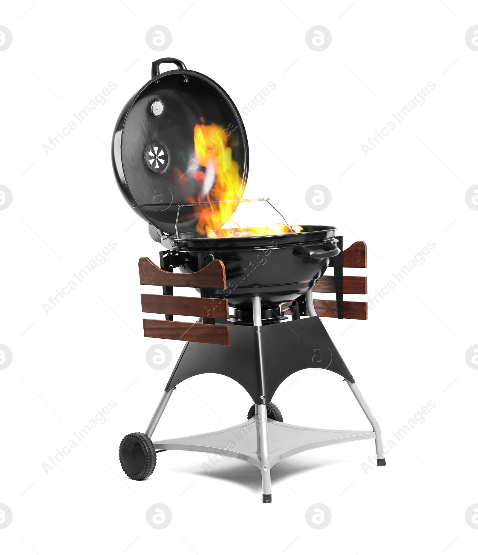 Image of Barbecue grill with fire flames on white background