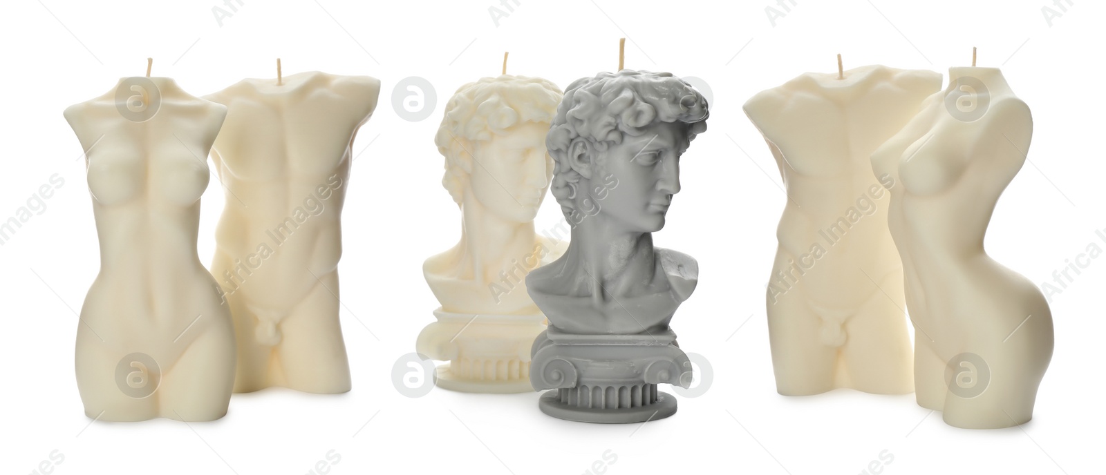 Image of Collection of beautiful sculptural candles on white background. Banner design