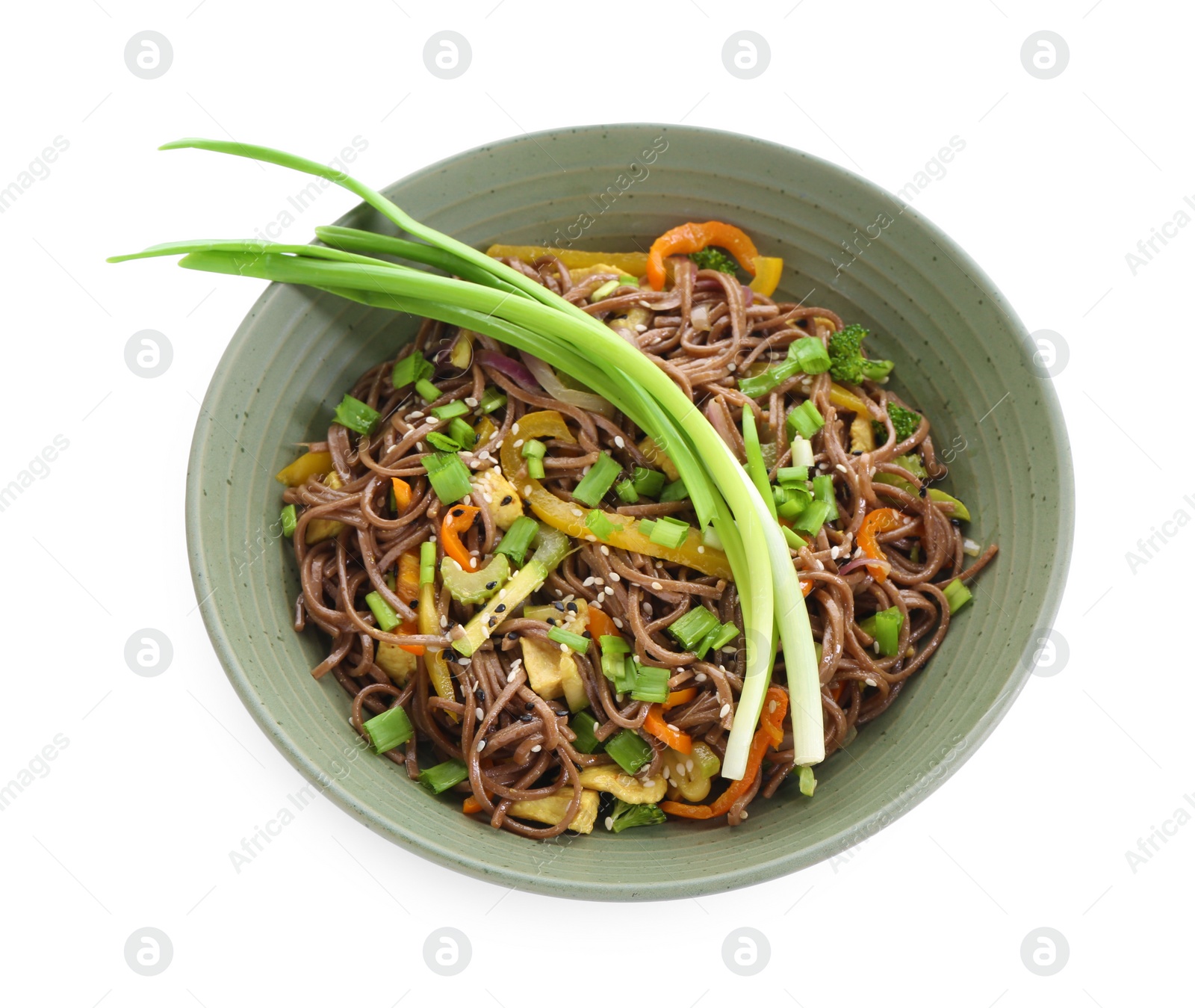 Photo of Stir-fry. Delicious cooked noodles with chicken and vegetables in bowl isolated on white, top view