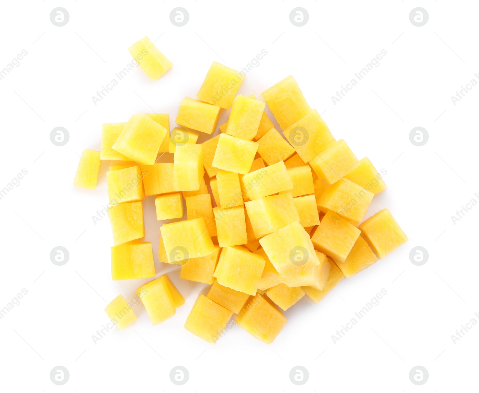 Photo of Raw yellow carrot cubes isolated on white, top view