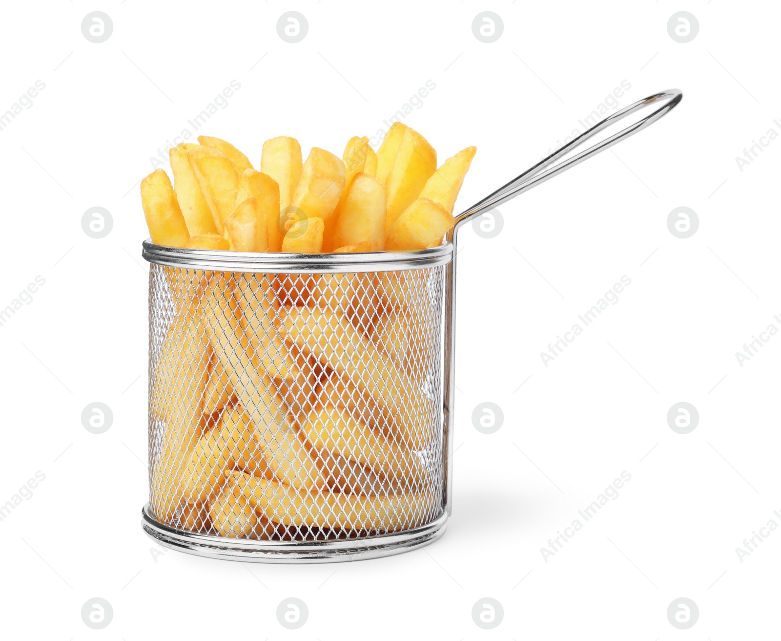 Photo of Tasty French fries in metal basket isolated on white