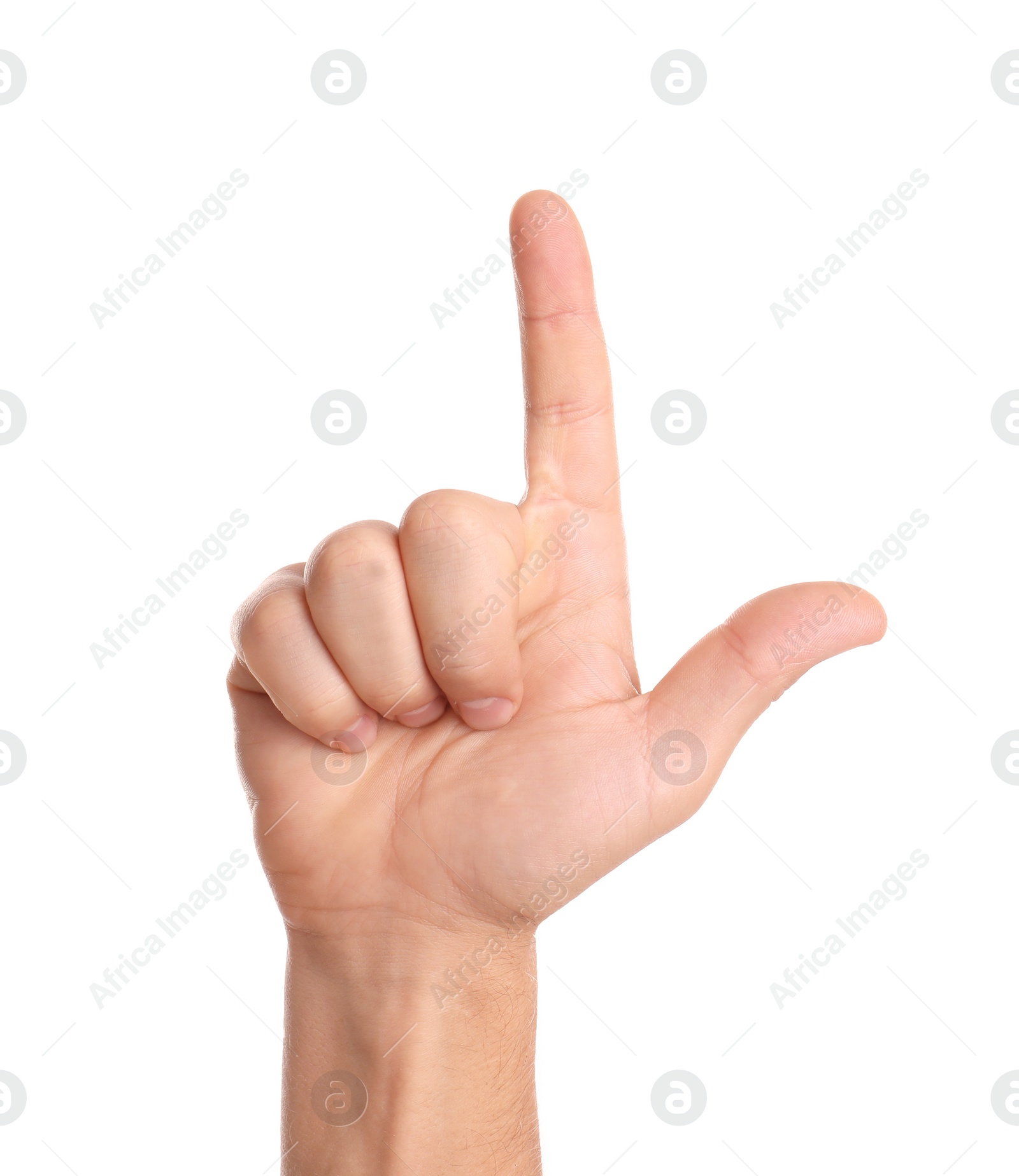 Photo of Man pointing at something on white background, closeup of hand