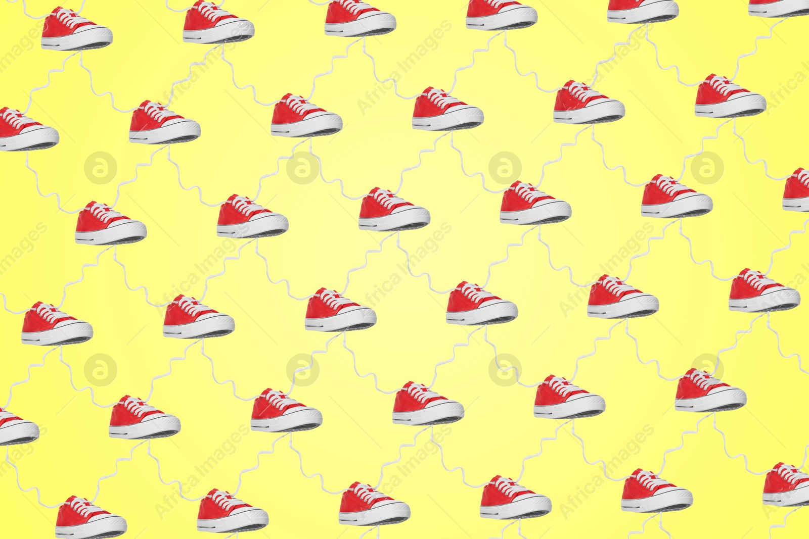 Image of Collage of classic old school red sneakers on yellow background